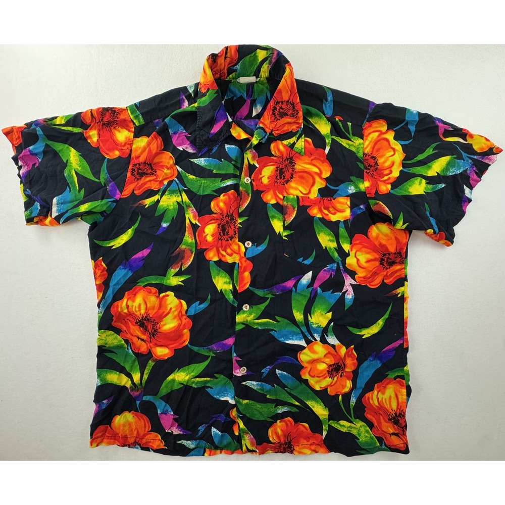 Vintage Made in Hawaii Floral Aloha Shirt Mens XL Black Orange Tropical RN 37359